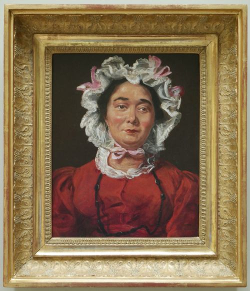 PORTRAIT OF A LADY WEARING A BONNET WITH PINK RIBBONS C1830 OIL PAINTING ATTRIBUTED TO CHRISTIAN ALBRECHT JENSEN