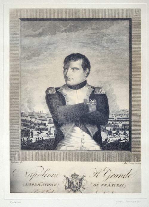 fig 1. A framed black and white platinotype portrait print depicting Napoleon Bonaparte in military uniform with folded arms.
