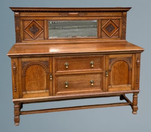 GOOD QUALITY CARVED OAK MIRROR BACK SIDEBOARD LABELLED MAPLE CO - ADDITIONAL PHOTO 2