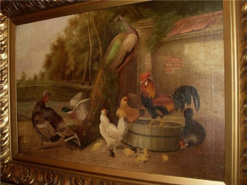 Victorian Oil Painting Harry Graff, Farmyard Poultry