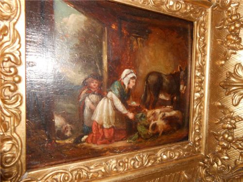 Early Victorian Oil Painting, After George Morland, Woman Feeding Pigs, C. 1840