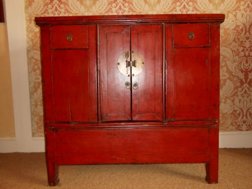 19th Century Chinese Elm Red Lacquer Cabinet/sideboard