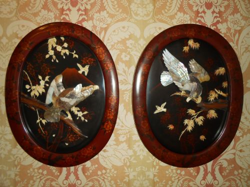 Pair of Meiji Period Japanese Eagle Shibayama Plaques in Lacquer Frames