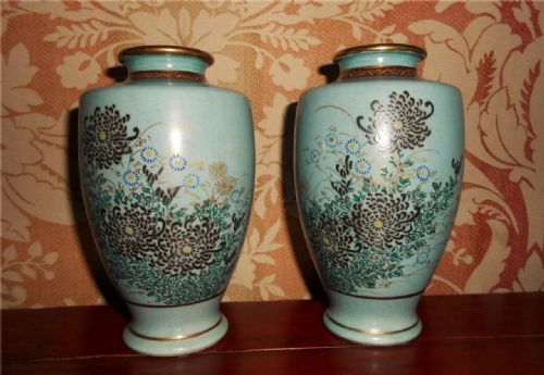 Pair of Japanese Satsuma Duck Egg Blue Vases, Signed
