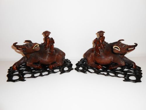 Pair 19th Century Japanese Carved Buffaloes