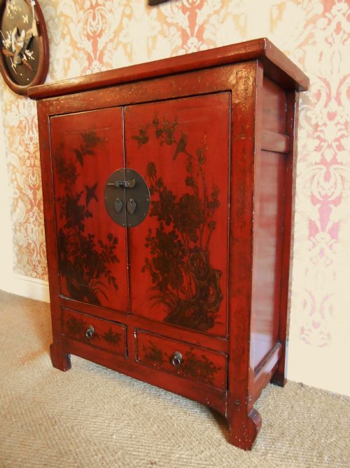 Late 19th Century Chinese Elm Cabinet in Red Lacquer