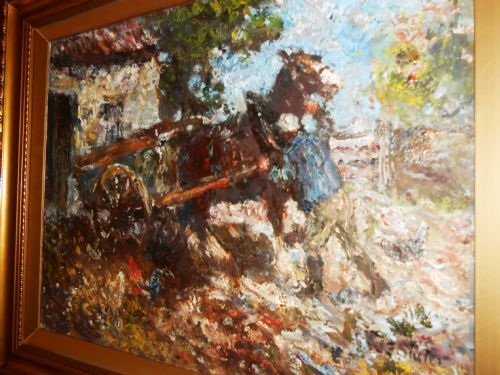 Impressionist Oil Painting J. F. Slater, Farmer with Carthorse