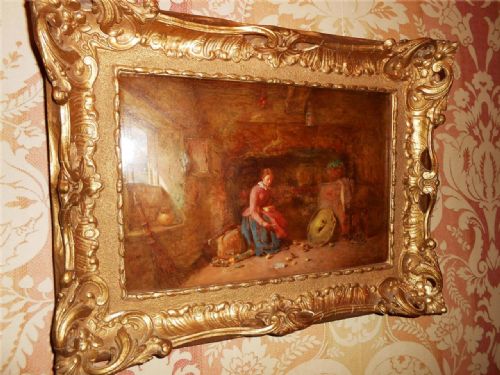 fig 1. Alfred Provis, Young Girl Feeding Chickens in Cottage Interior, Signed