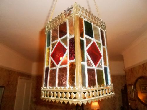 Victorian Hanging Lantern / Stained Glass Hall Light
