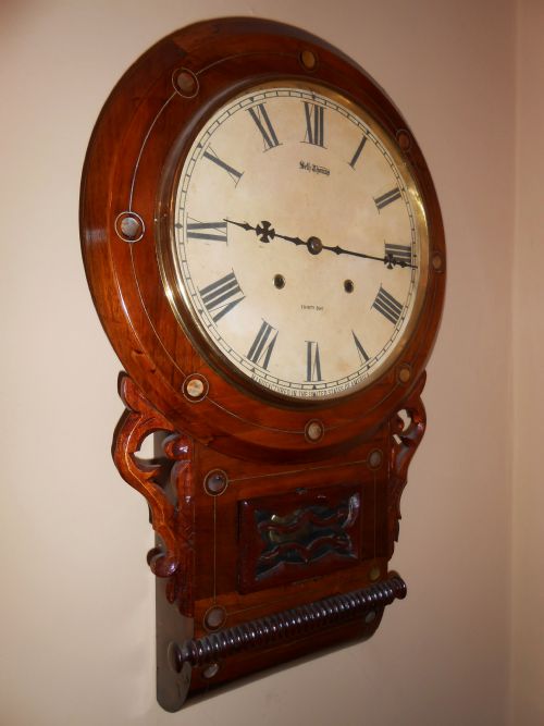 Victorian Mahogany Drop Dial Wall Clock Mother of Pearl Inlay