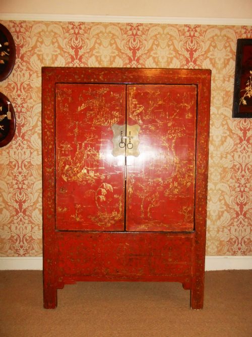 Chinese Gilded Red Lacquer Cabinet, C.1860 Shanxi Province