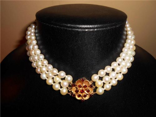 Cultured Pearl Three Strand Choker with 9 Carat Gold Garnet Clasp