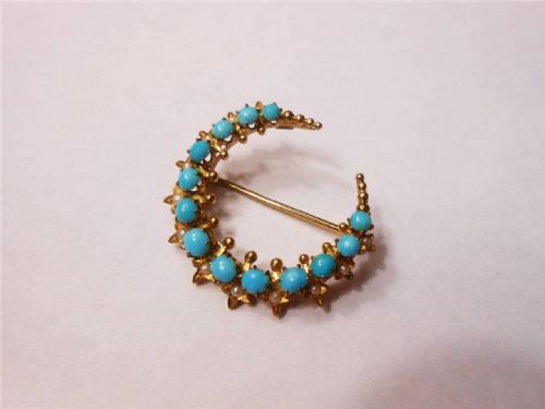 Victorian Turquoise and Seed Pearl Crescent Brooch
