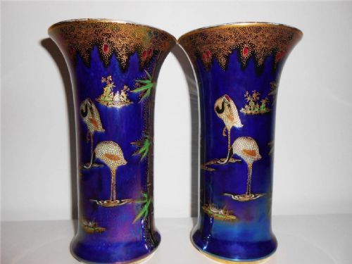 Pair of Carlton Ware Stork & Bamboo Pattern Lustre Vases