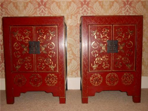 Pair Chinese Lacquered Bedside Cabinets / Cupboards C.1920