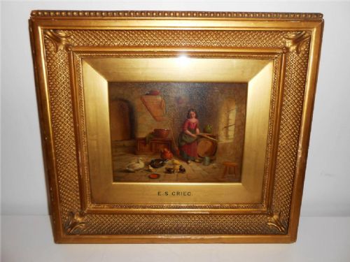E S Greig, Young Girl in Cottage with Ducks, Signed