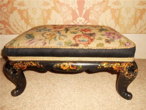 Victorian Lacquered and Hand Gilded Stool with Original Woolwork Top