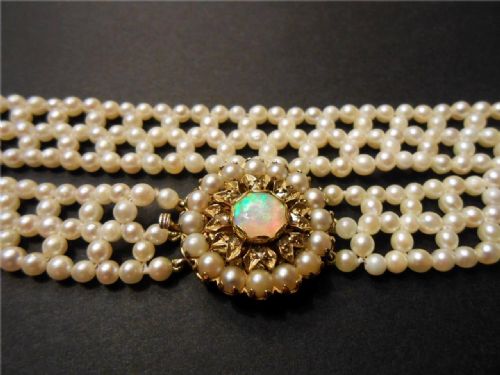 Cultured Pearl Choker Diamond Opal and Seed Pearl Clasp, 9ct
