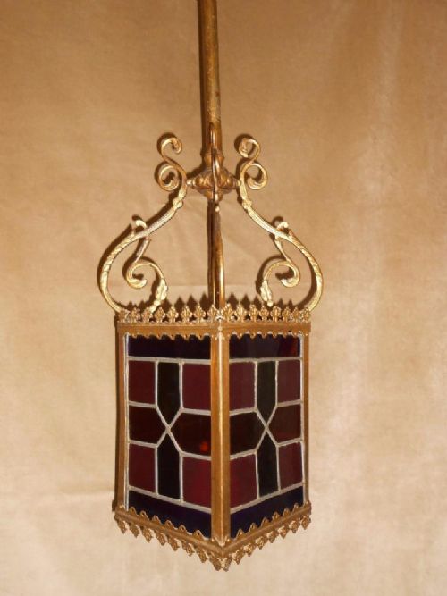 Victorian Gilt Metal & Stained Glass Hall Light