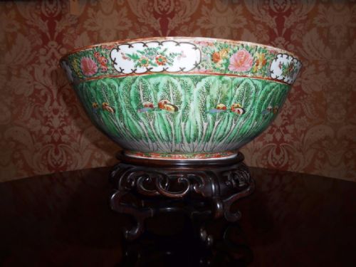Large 19th Century Cantonese Porcelain Punch Bowl on Stand