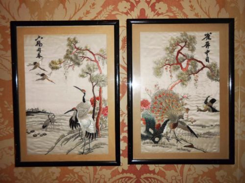 Pair of Chinese Silk Embroidered Panels with Cranes and Peacocks