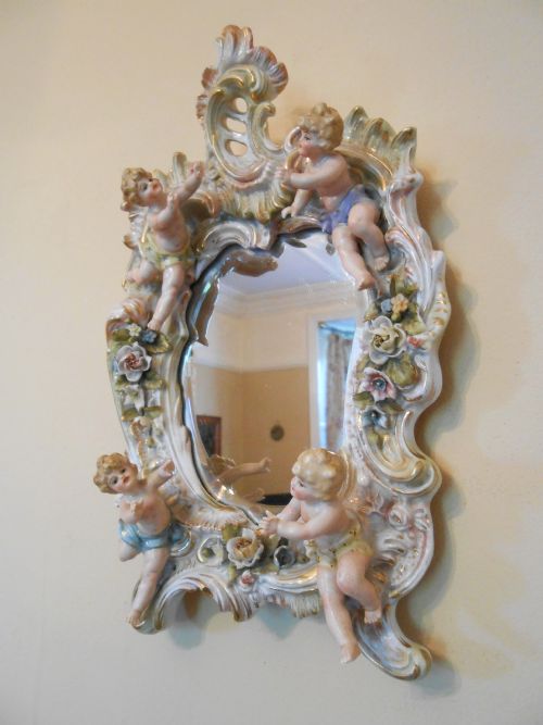 Pretty Victorian Porcelain Dresden Cherub Mirror C.1880