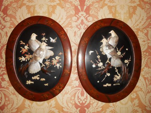 Pair of Beautiful Japanese Shibayama Dove Panels in Lacquer Frames 19th Century