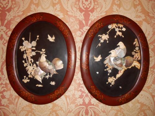 Pair of Beautiful Japanese Shibayama Dove Panels in Lacquer Frames 19th Century