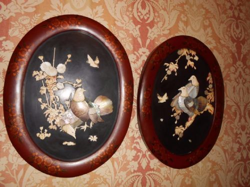 fig 1. Pair of Beautiful Japanese Shibayama Dove Panels in Lacquer Frames 19th Century