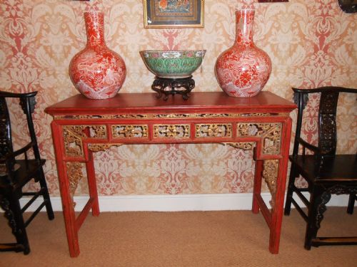 19th Century Chinese Red Lacquer and Gilt Altar Console Table