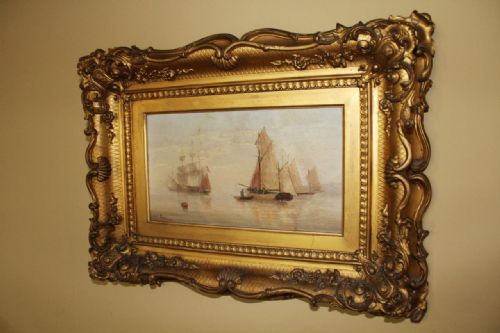 Edward King Redmore (1860-1941), Oil Painting Boats Moored Off Coast