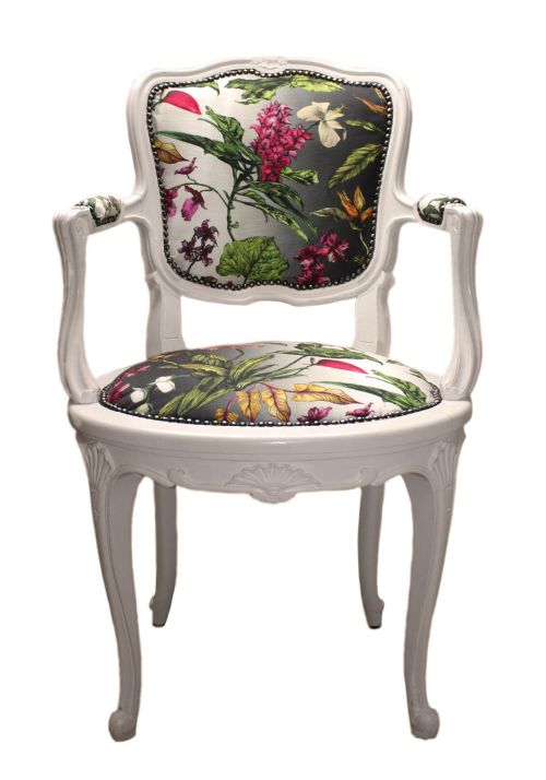 French White Early 20th Century Armchair Upholstered in a Colourful Tropical Fabric