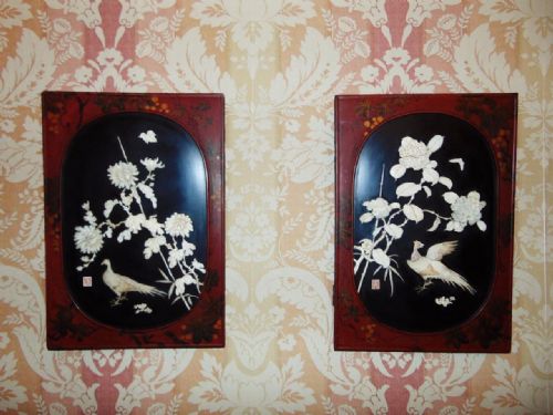 Pair of Signed 19th Century Japanese Shibayama Panels in Red Lacquer Frames