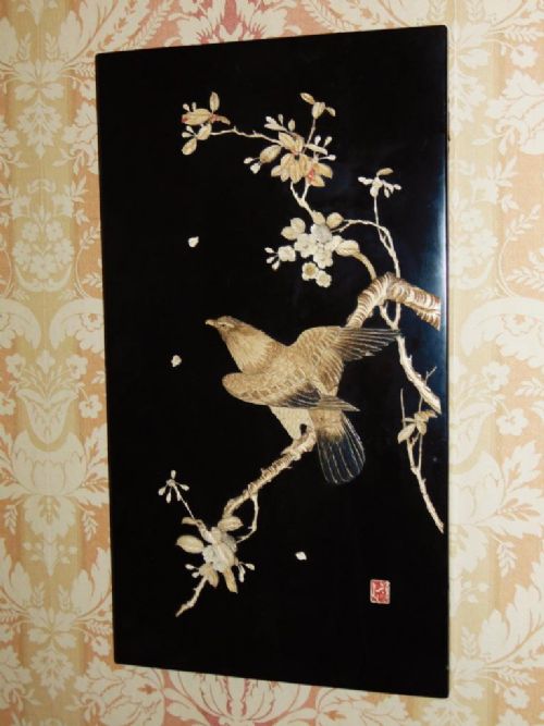 Large 19th Century Japanese Lacquer Shibayama Plaque Eagle in Foliage