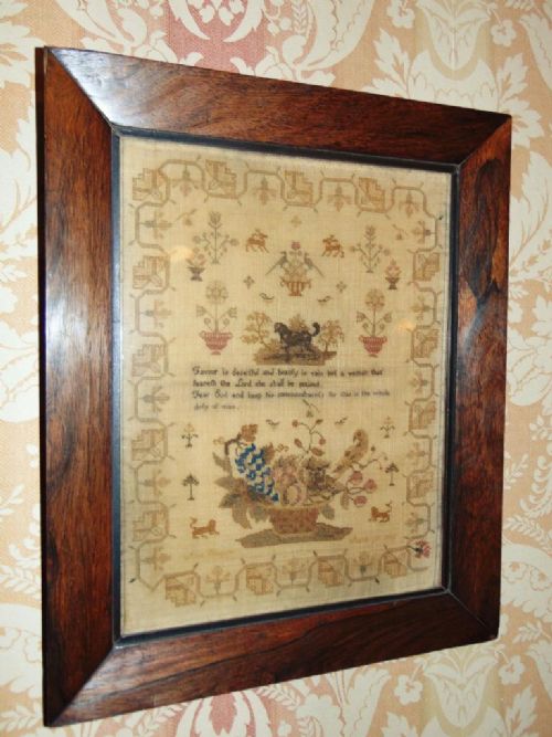 Early Victorian Embroidered Sampler in Original Rosewood Frame Dated 1841