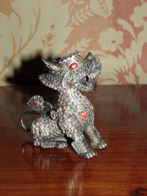 Early 20th Century Tibetan Silver Dog of Fo / Dragon Scent Bottle