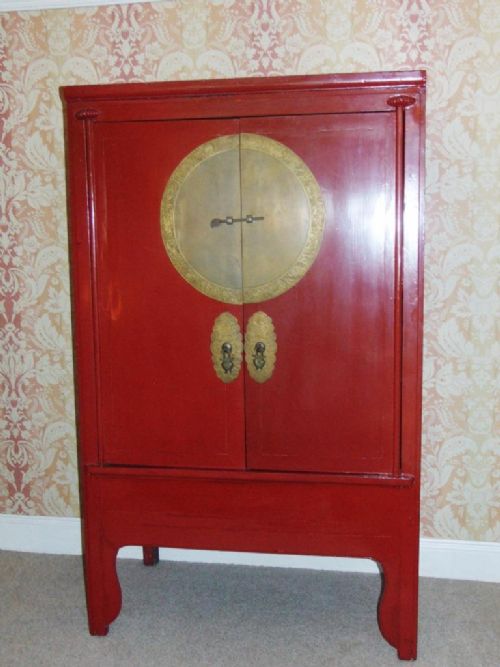 Early 20th Century Chinese Red Lacquered Wedding Cabinet