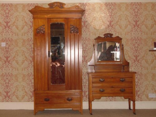 Late Victorian Satin Walnut Wardrobe & Matching Dressing Table