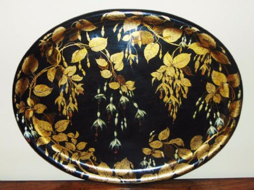 Beautiful Victorian Papier Mache Hand Painted Oval Tray