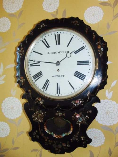 Victorian Fusee Papier Mache & Mother of Pearl Wall Clock, J. Bromwich Dudley