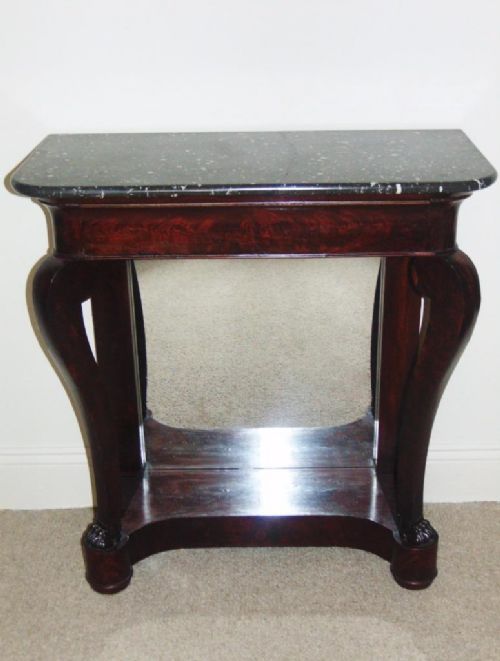 19th Century French Flame Mahogany Hall Console Side Table Marble Top