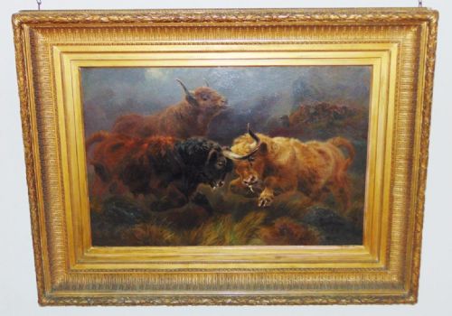 William Watson Jnr, Highland Cattle Rutting, Victorian Oil Painting