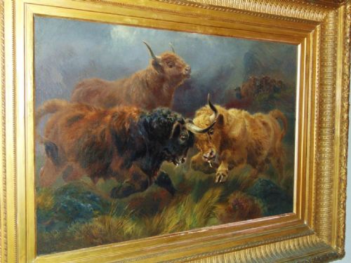 fig 2. William Watson Jnr, Highland Cattle Rutting, Victorian Oil Painting