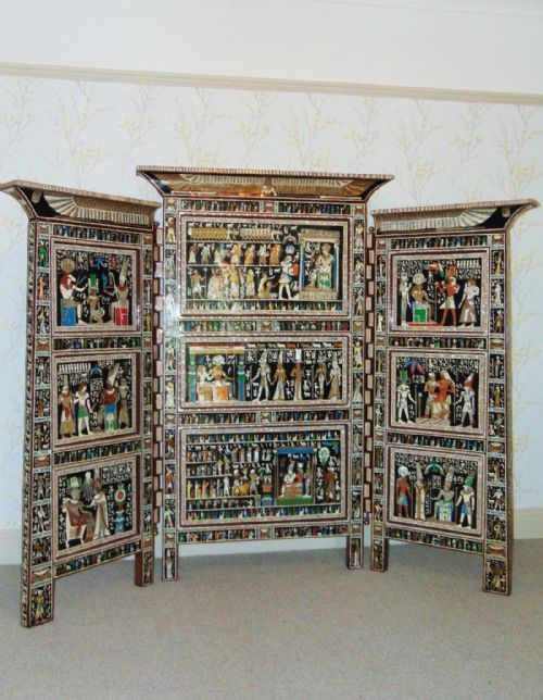 Outstanding Egyptian Revival Lacquered & Inlaid Three Fold Screen