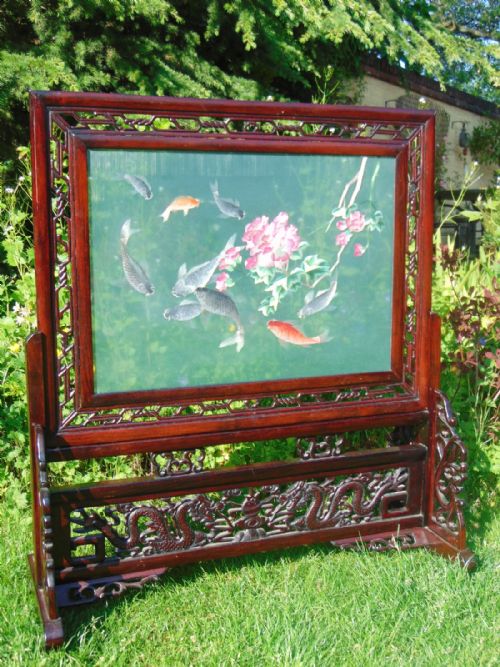 Stunning Chinese Hardwood Silk Screen with Embroidered Koi