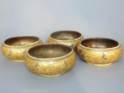 Indian Kashmir Hand Painted Papier Mache Set of 4 Bowls