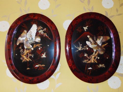 Outstanding Pair of Japanese Meiji Red Lacquer Shibayama Eagle Plaques