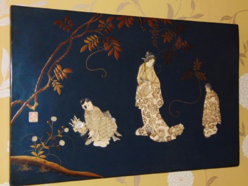 Good Large Signed Japanese Meiji Blue Lacquer Shibayama Plaque