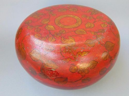 Antique Chinese Hand Gilded and Red Lacquer Circular Bun Box
