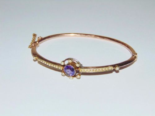 Elegant 9ct Gold Amethyst and Seed Pearl Bangle / Bracelet